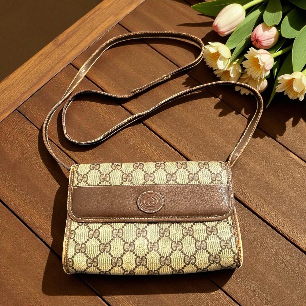 Gucci Brown & Beige Coated Canvas Crossbody Bag w/ Flap Closure - Picture 2 of 14